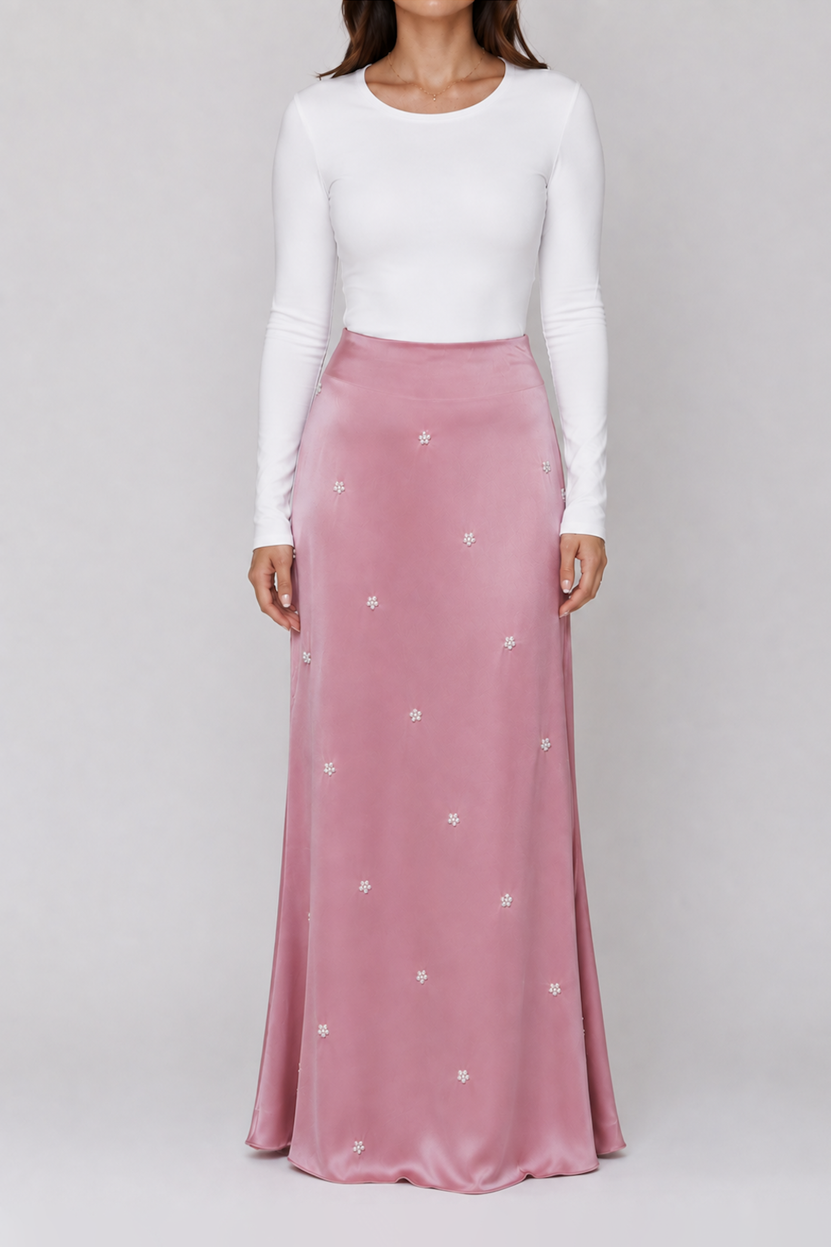 Pink Satin Embellished Maxi Skirt