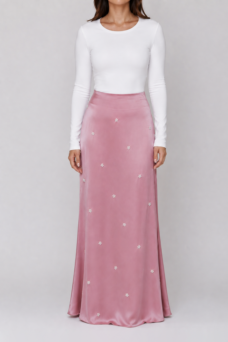 Pink Satin Embellished Maxi Skirt