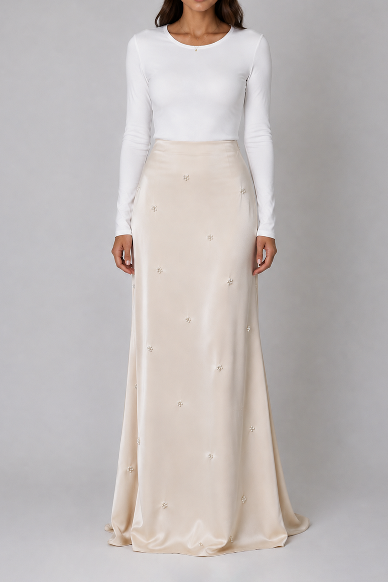 Ivory Satin Pearl Embellished Maxi Skirt