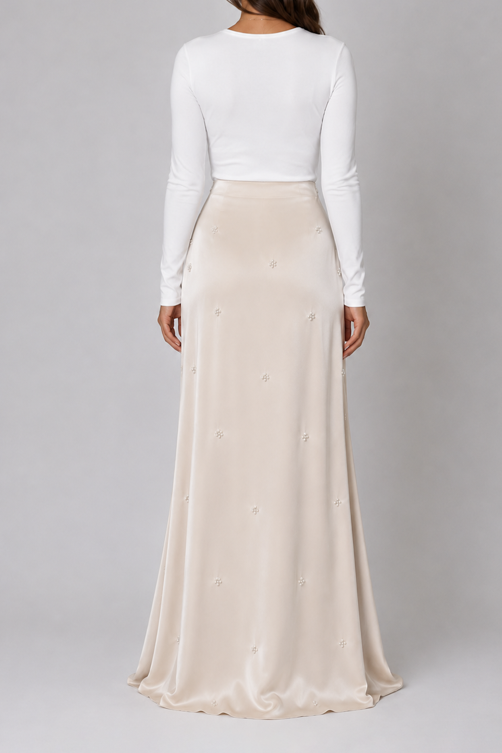 Ivory Satin Pearl Embellished Maxi Skirt