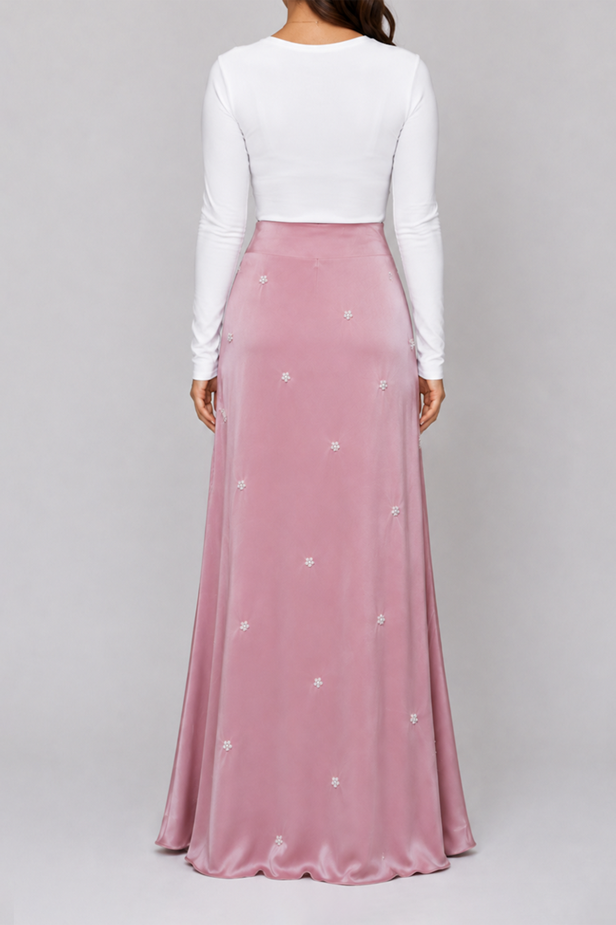 Pink Satin Embellished Maxi Skirt