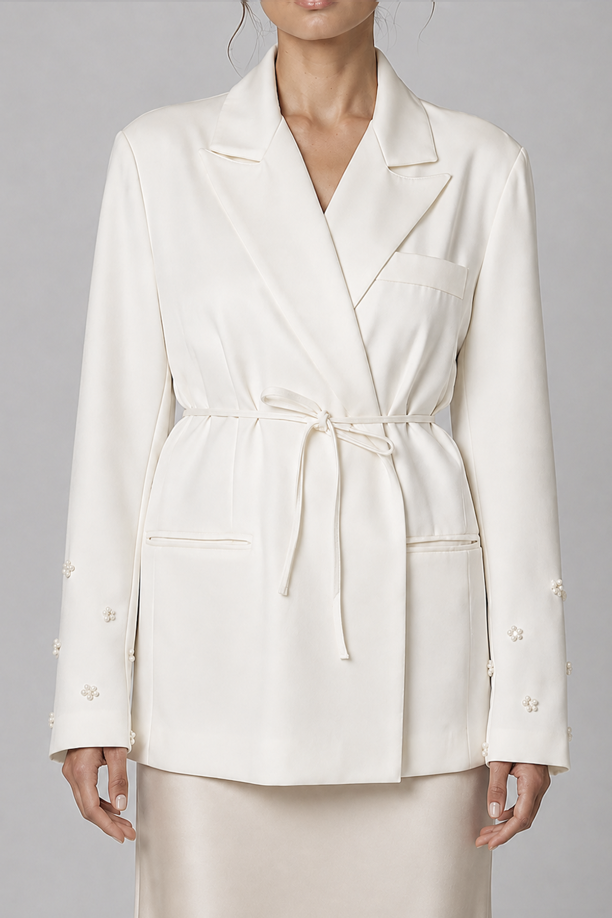 Ivory Pearl Embellished Wrap Blazer