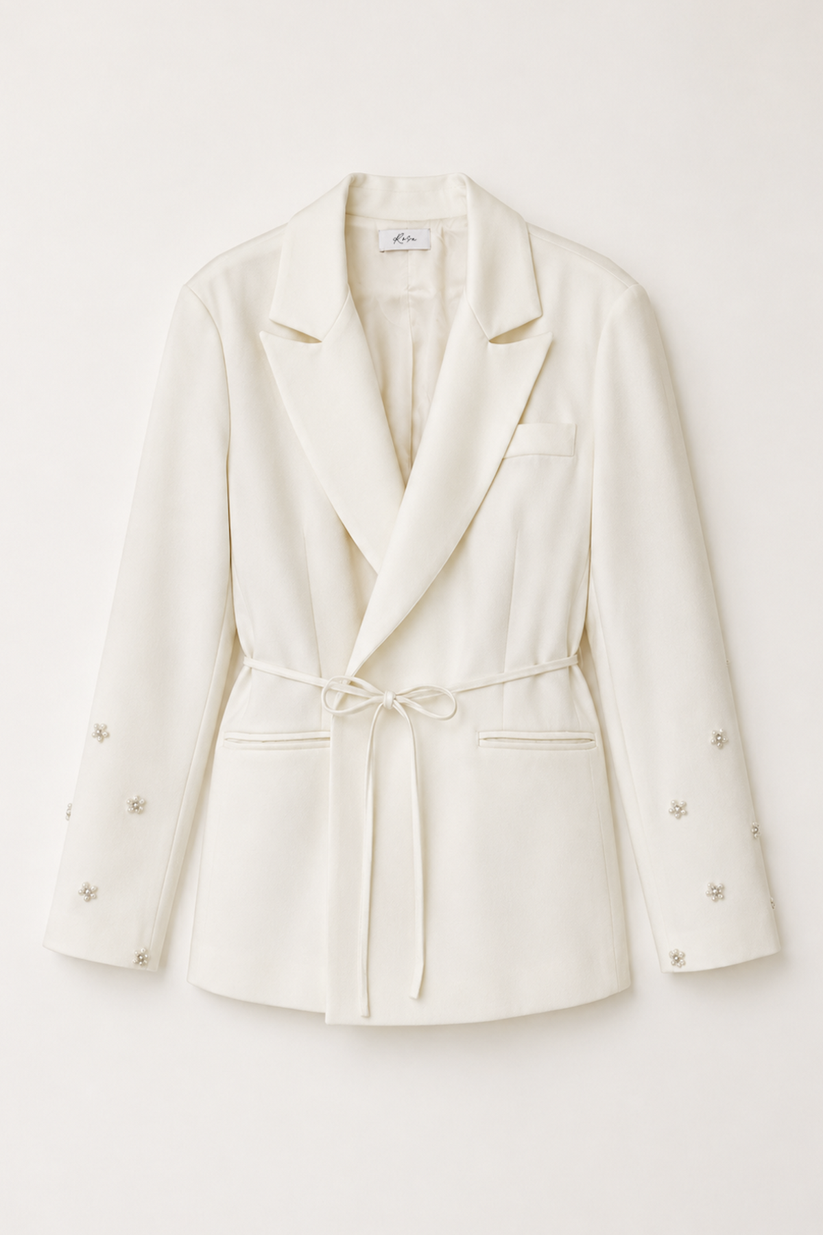Ivory Pearl Embellished Wrap Blazer