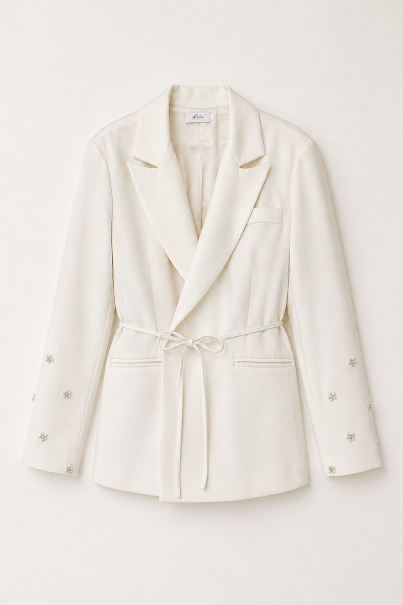 Ivory Pearl Embellished Wrap Blazer
