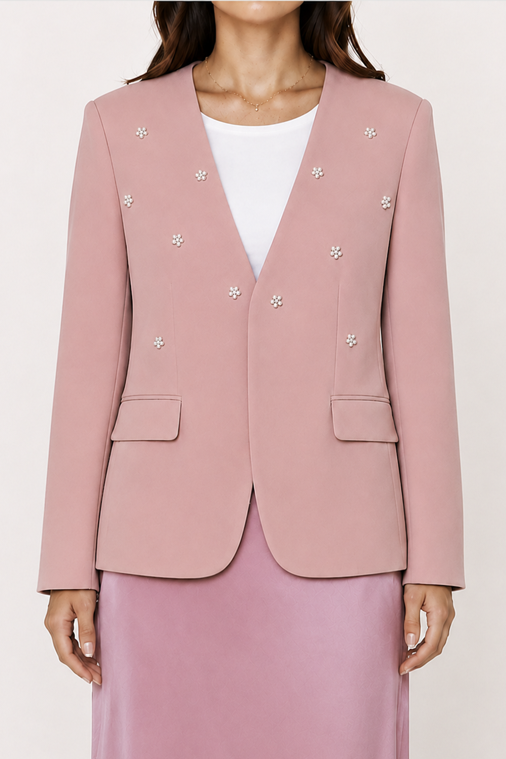 Pink Floral Pearl Embellished Blazer