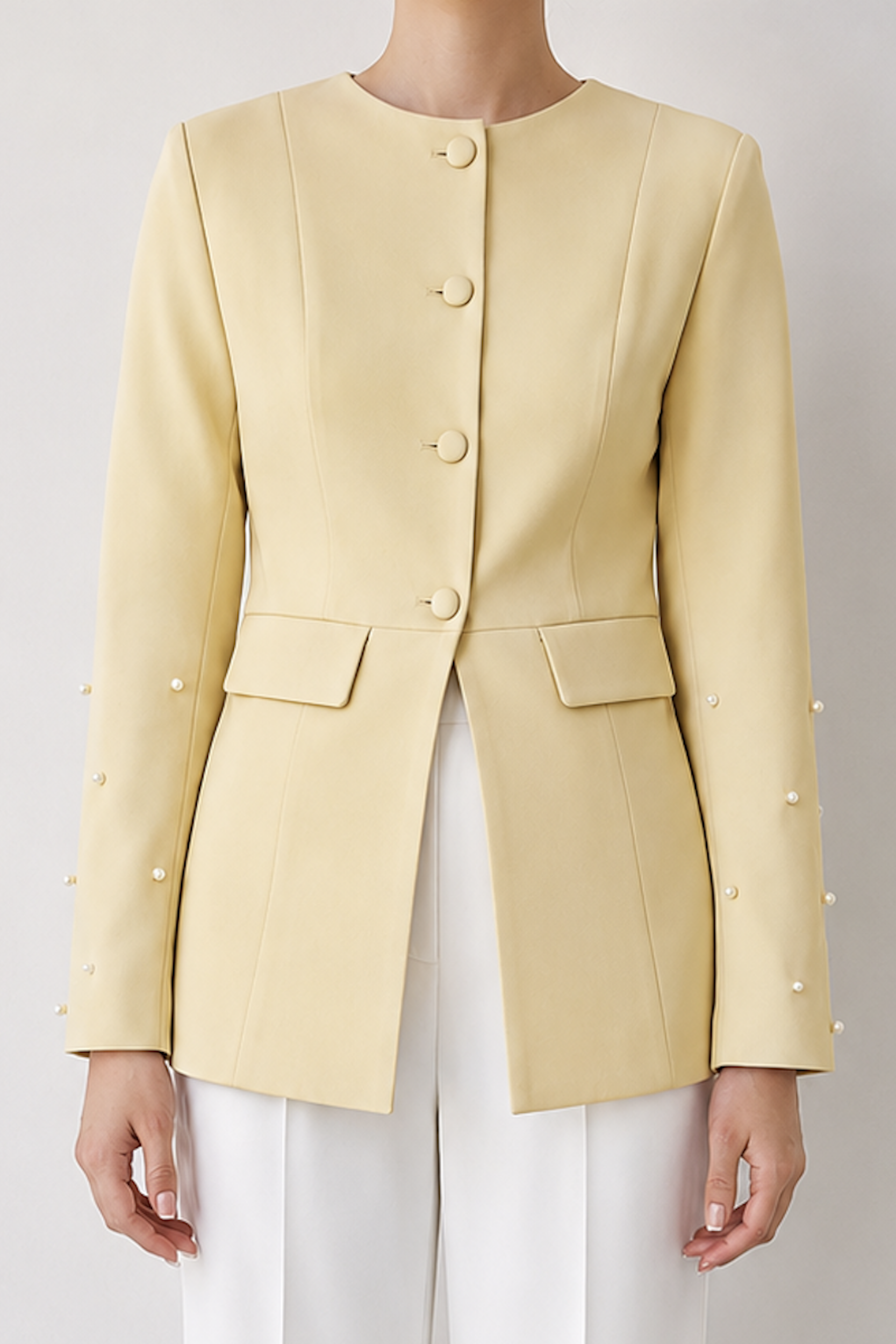 Soft Yellow Pearl Embellished Tailored Blazer